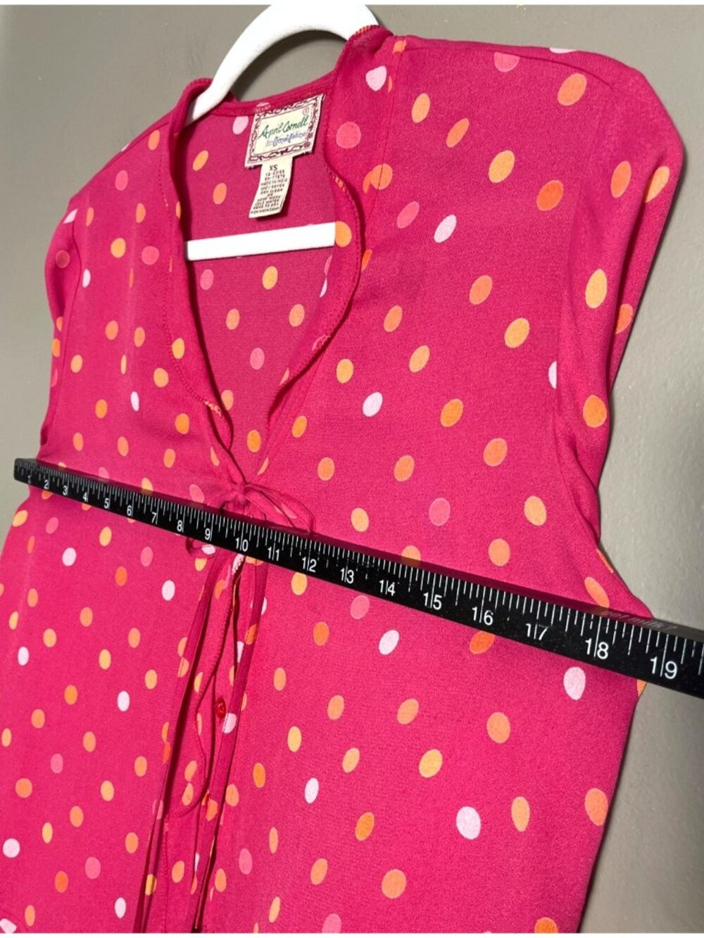 Vtg Rare April Cornell Top Pink Polka Dot Button Ties Twee Flutter Ruffles Wm XS - Picture 4 of 10